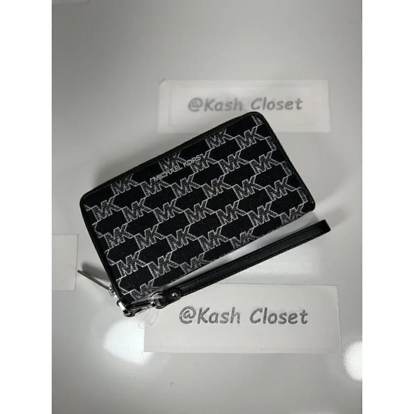 Michael Kors MK Large Flat MF Phone Case Zip Wallet/Wristlet - Black - Picture 1 of 6